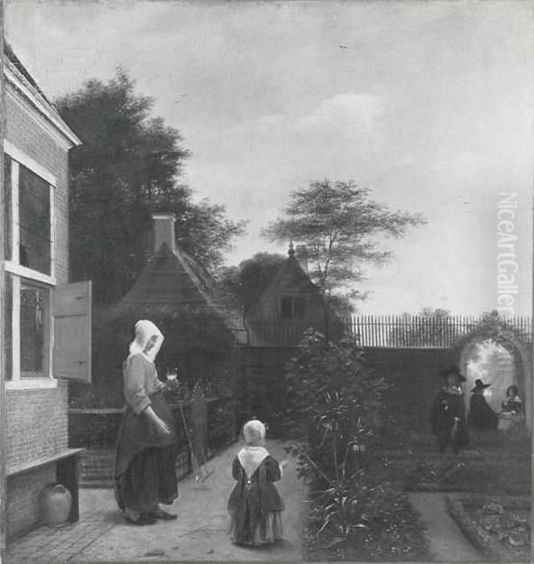 Haus mit Garten und Figuren Oil Painting by Pieter De Hooch