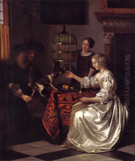 Young woman feeding a parrot in the company of a man and a maid Oil Painting by Pieter De Hooch