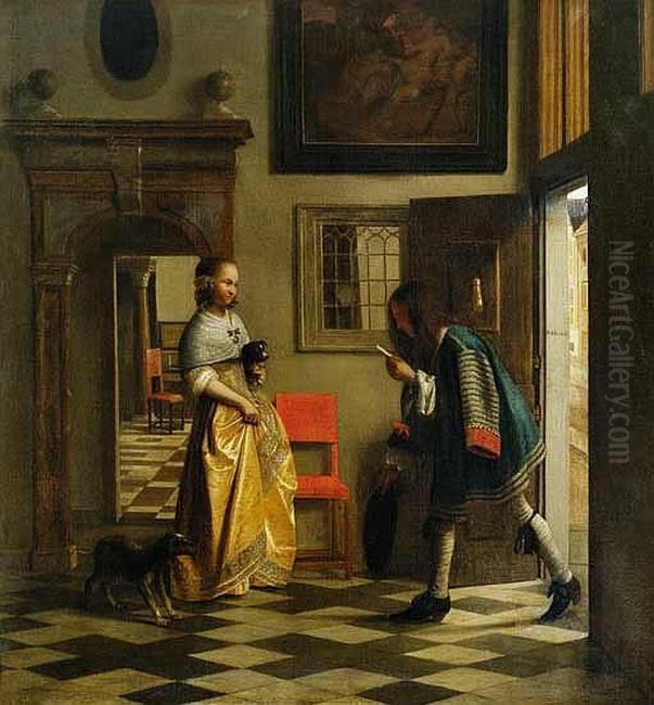 Interior with a young woman receiving a letter Oil Painting by Pieter De Hooch