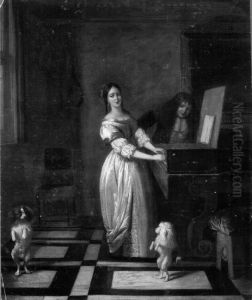 Woman playing the harpsichord with a man and two dancing dogs