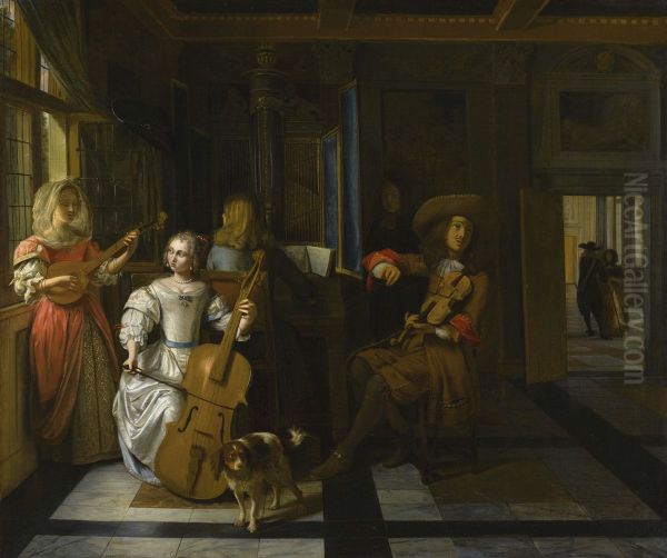 Musical company in an interior Oil Painting by Pieter De Hooch
