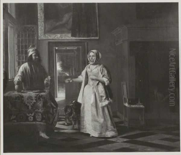 Man with a glass and a jug and a woman lacing het bodice Oil Painting by Pieter De Hooch