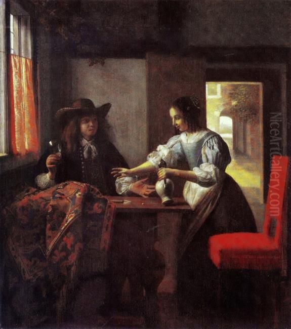 Man with a glass and a woman with a jug in an interior Oil Painting by Pieter De Hooch