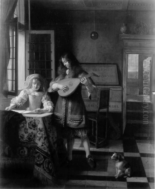 Man playing a lute and woman singing in an interior Oil Painting by Pieter De Hooch