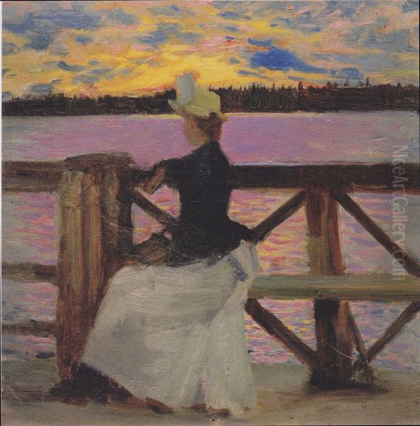 Marie Gallen auf der Kuhmoniemi-Brucke Oil Painting by Akseli Gallen-Kallela