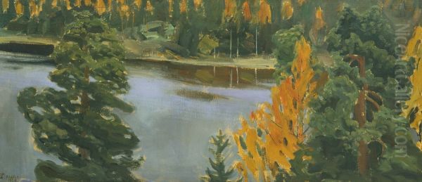 Lake view in autumn Oil Painting by Akseli Gallen-Kallela
