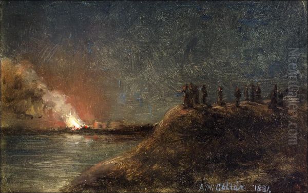 Tulipalon katselijat pitkansillan rannassa. Oil Painting by unknown