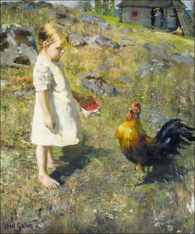 The girl and the rooster Oil Painting by Akseli Valdemar Gallen-Kallela