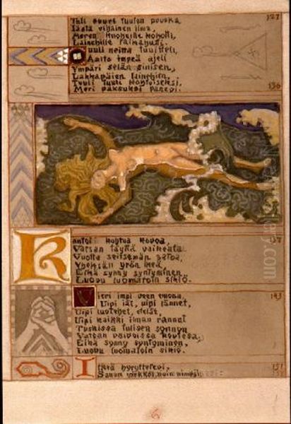 Thus she swam the Water-Mother Oil Painting by Akseli Valdemar Gallen-Kallela