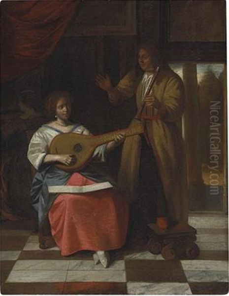 A Musical Trio in an interior Oil Painting by Pieter De Hooch