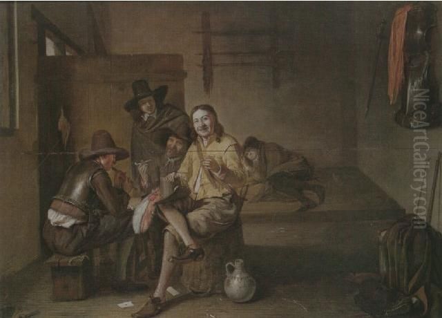 Interieur met enkele drinkende, rokende en fluitspelende soldaten Oil Painting by Pieter De Hooch