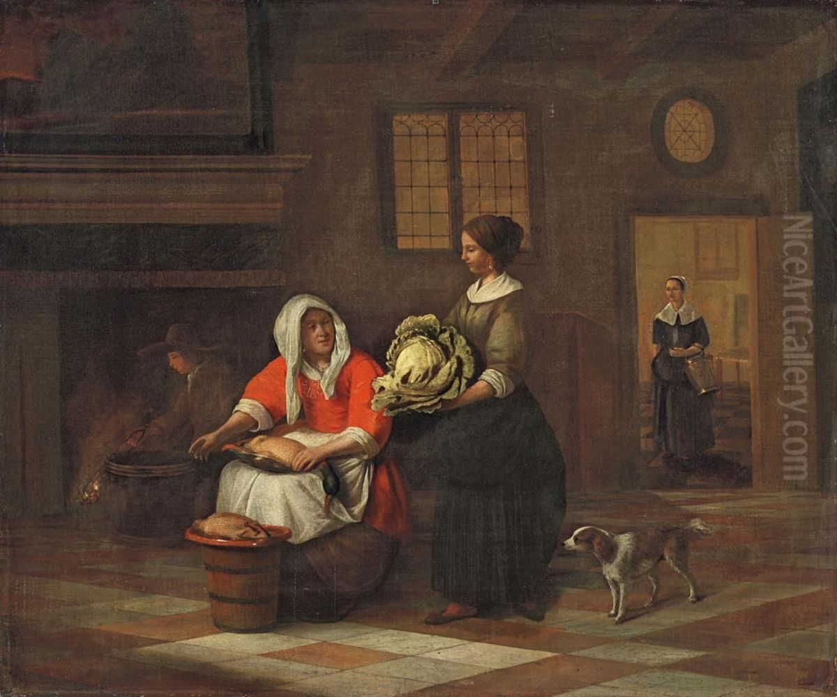 A Woman with a Duck and a Woman with a Cabbage Oil Painting by Pieter De Hooch