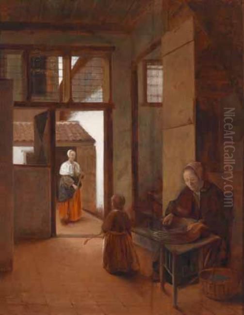 Interior with a woman and a child; outside a maid is sweeping the yard Oil Painting by Pieter De Hooch