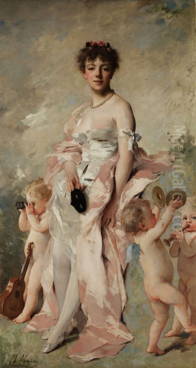Young woman in ball dress with putti. Oil Painting by Charles Joshua Chaplin