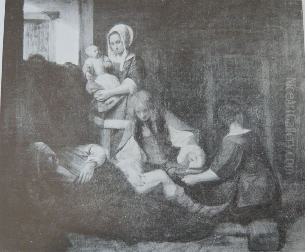 A Wounded Man being Treated in a Stable Oil Painting by Pieter De Hooch