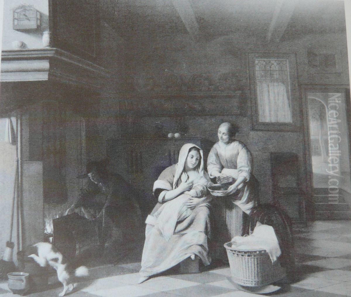 A Woman and Child with a Serving Woman with Asparagus, and a Man by a Fireplace Oil Painting by Pieter De Hooch