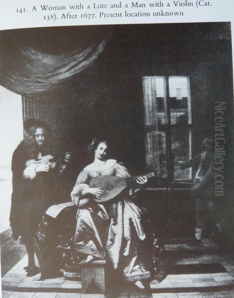 A Woman with a Lute and a Man with a Violin Oil Painting by Pieter De Hooch