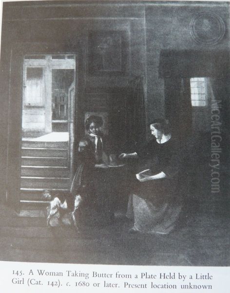 A Woman Taking Butter from a Plate Held by a Little Girl Oil Painting by Pieter De Hooch