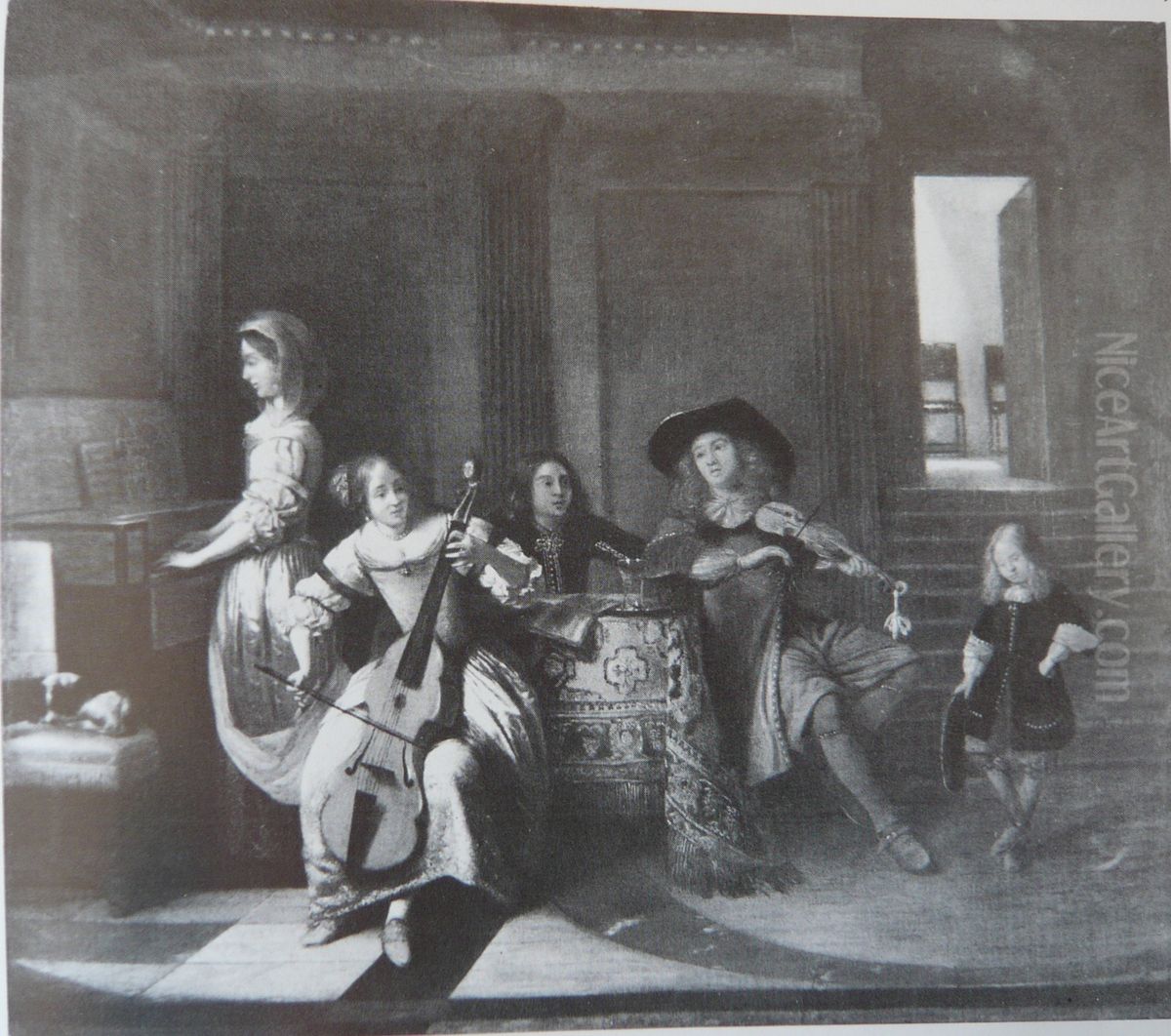 A Musical Company of Four Figures with a Small Boy Dancing Oil Painting by Pieter De Hooch
