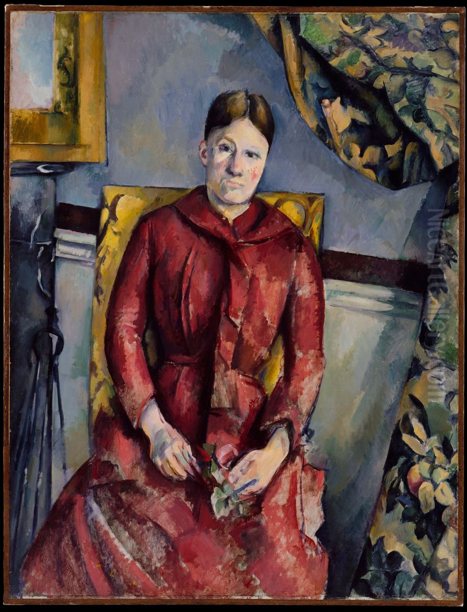 Madame Cezanne (Hortense Fiquet, 1850-1922) in a Red Dress Oil Painting by Paul Cezanne