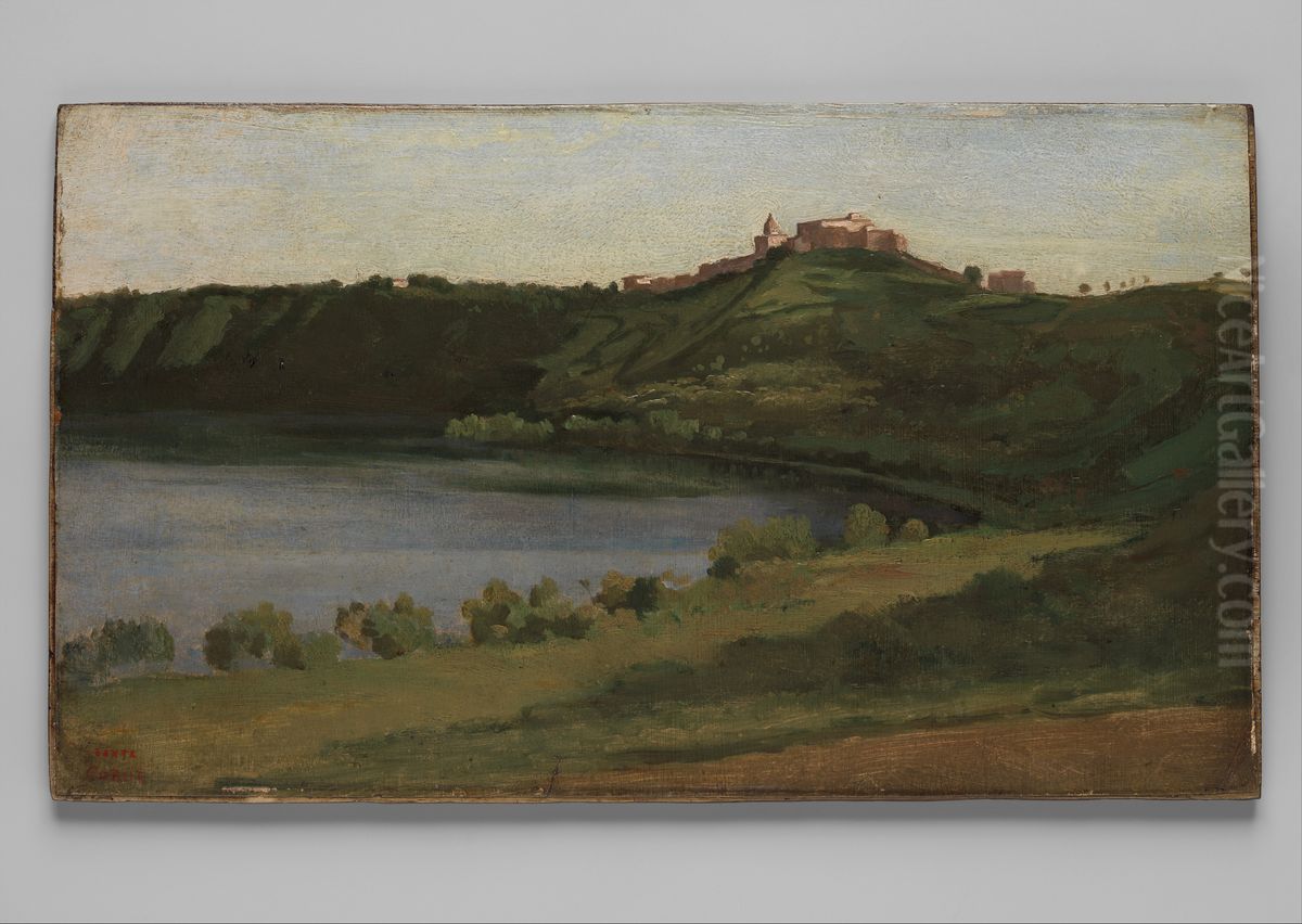 Lake Albano and Castel Gandolfo Oil Painting by Jean-Baptiste Camille Corot