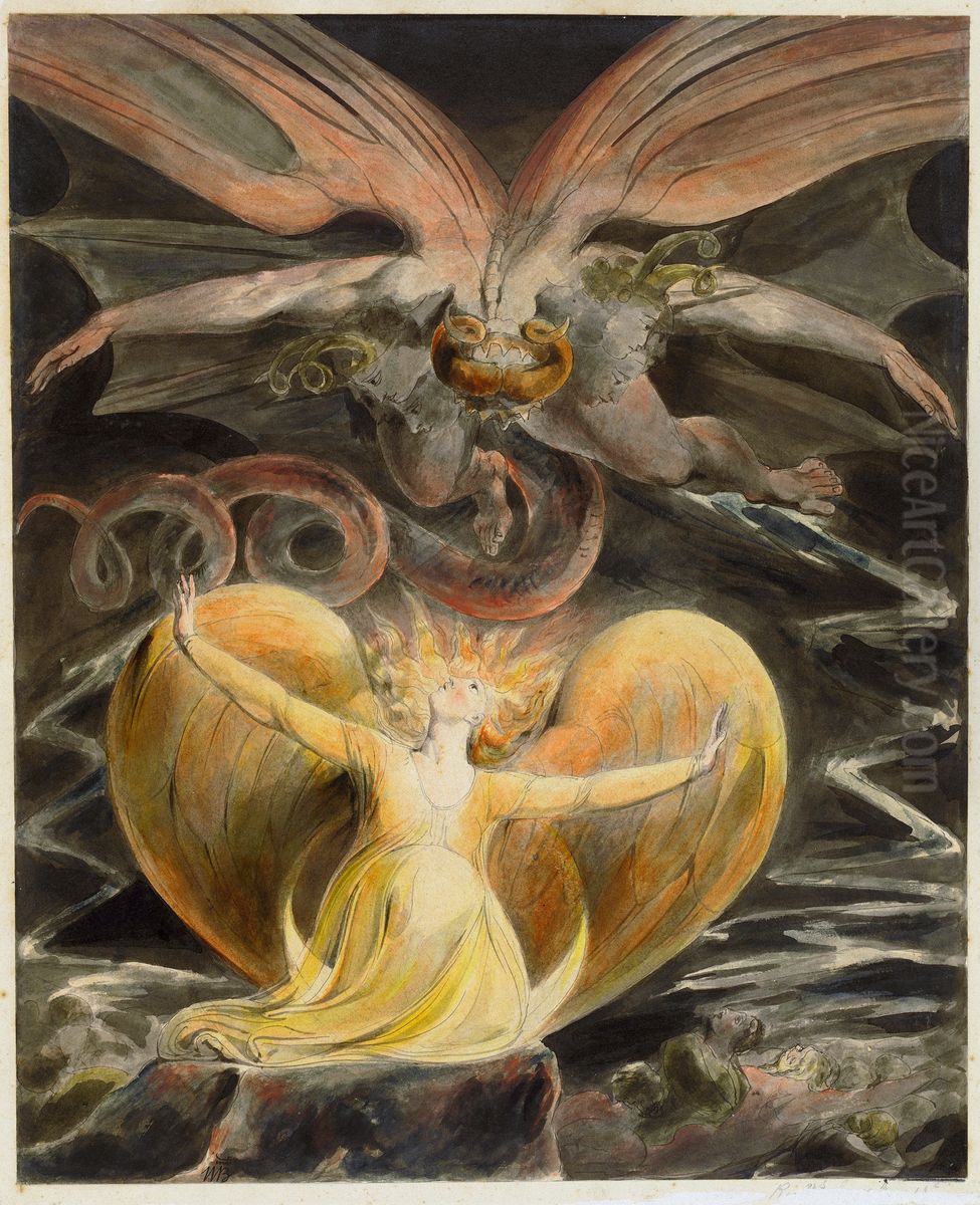 Der grosse Rote Drache und die mit der Sonne bekleidete Frau Oil Painting by William Blake