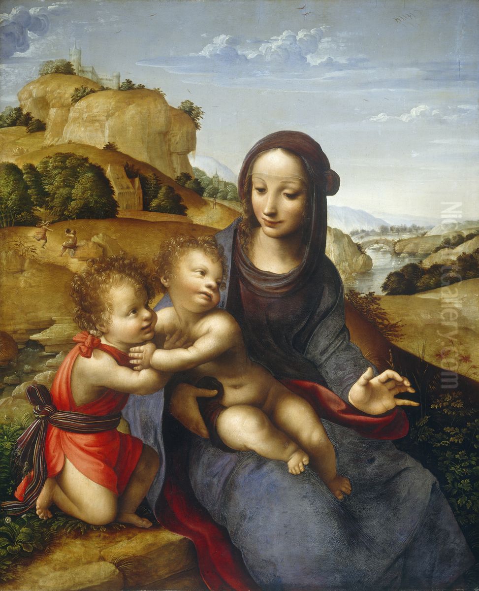Madonna and Child with the Infant Saint John Oil Painting by Fernando Yanez De la Almedina