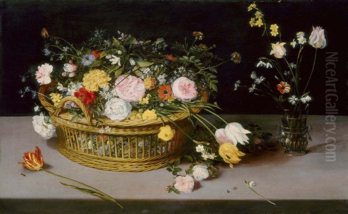 Flowers in a Basket and a Vase Oil Painting by Jan Brughel