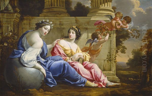 The Muses Urania and Calliope Oil Painting by Simon Vouetand workshop