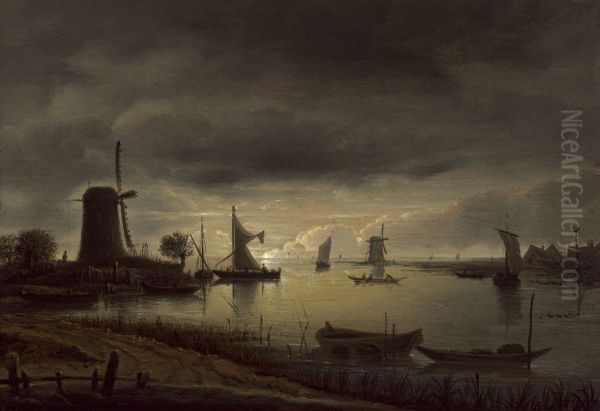 River Scene with Windmill and Boats, Evening Oil Painting by Anthonie Van Borssom