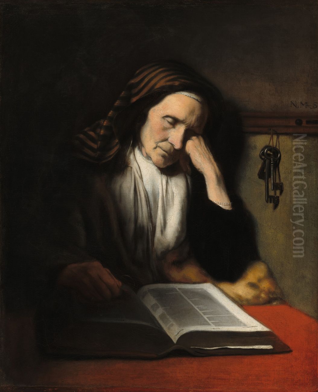 An Old Woman Dozing over a Book Oil Painting by Nicolaes Maes
