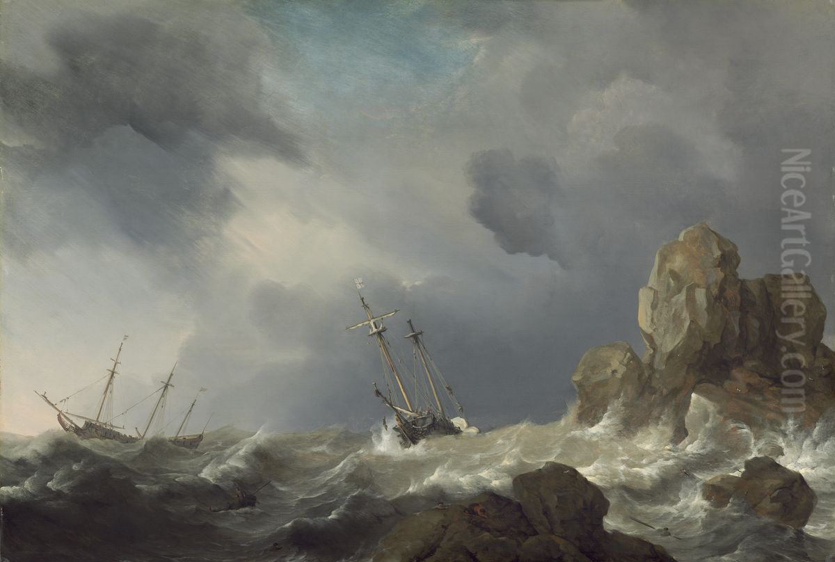 Ships in a Gale Oil Painting by Willem van de Velde the Younger