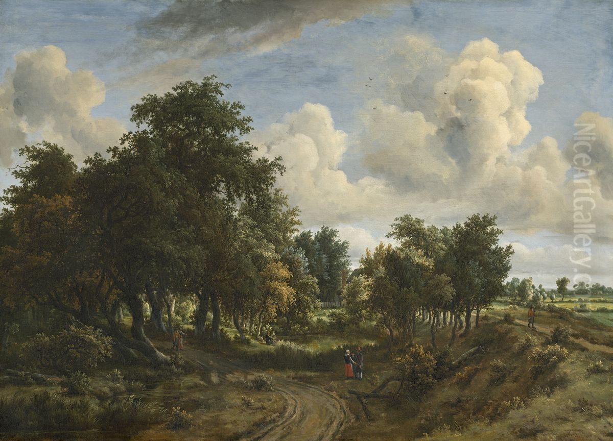 A Wooded Landscape Oil Painting by Meindert Hobbema