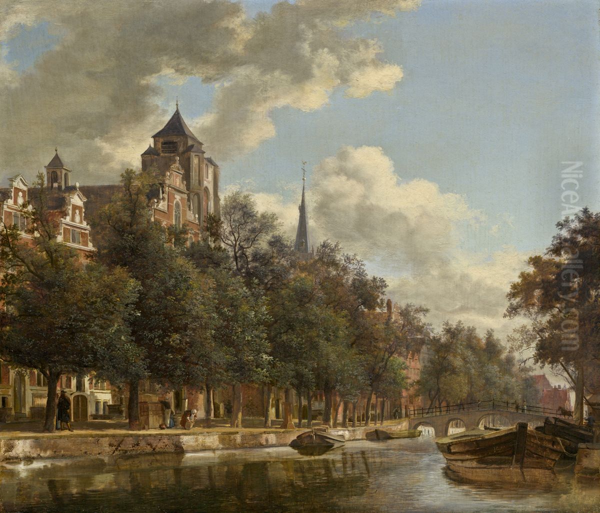 View Down a Dutch Canal Oil Painting by Jan Van Der Heyden