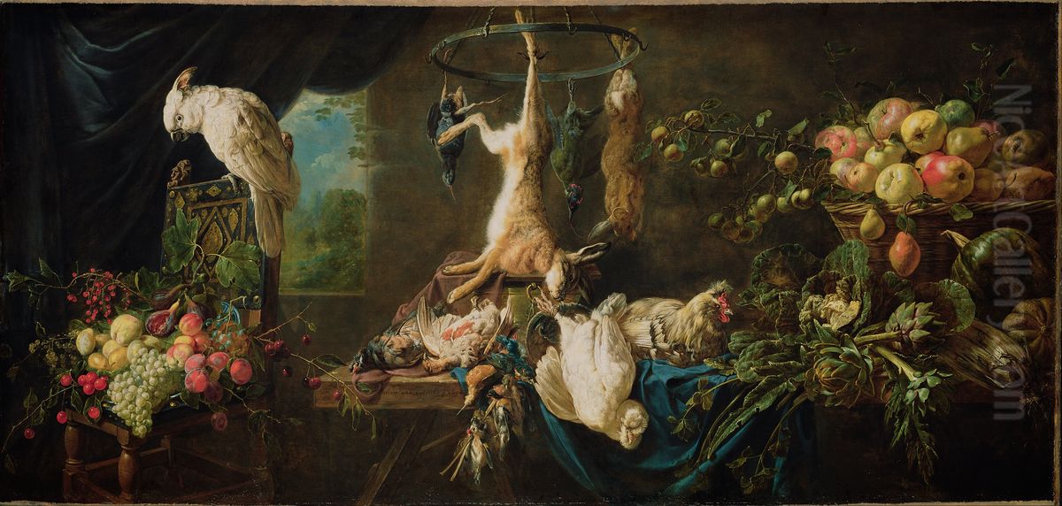 Game, Vegetables, Fruit, Cockatoo Oil Painting by Adriaen van Utrecht