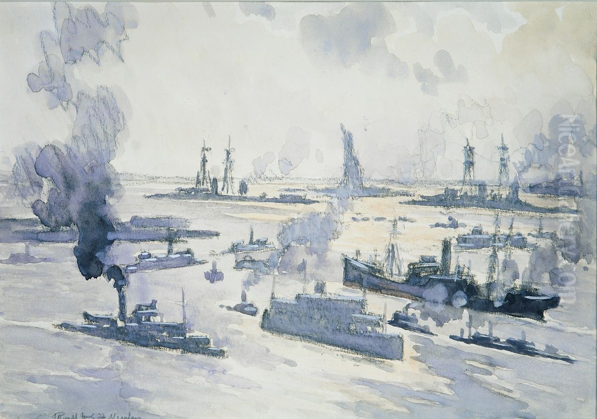 Warships in the Harbor Oil Painting by Joseph Pennell