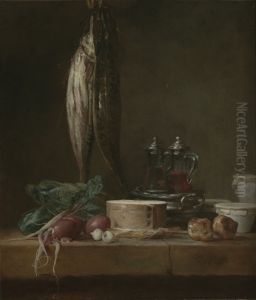 Still Life with Fish, Vegetables, Gougeres, Pots, and Cruets on a Table