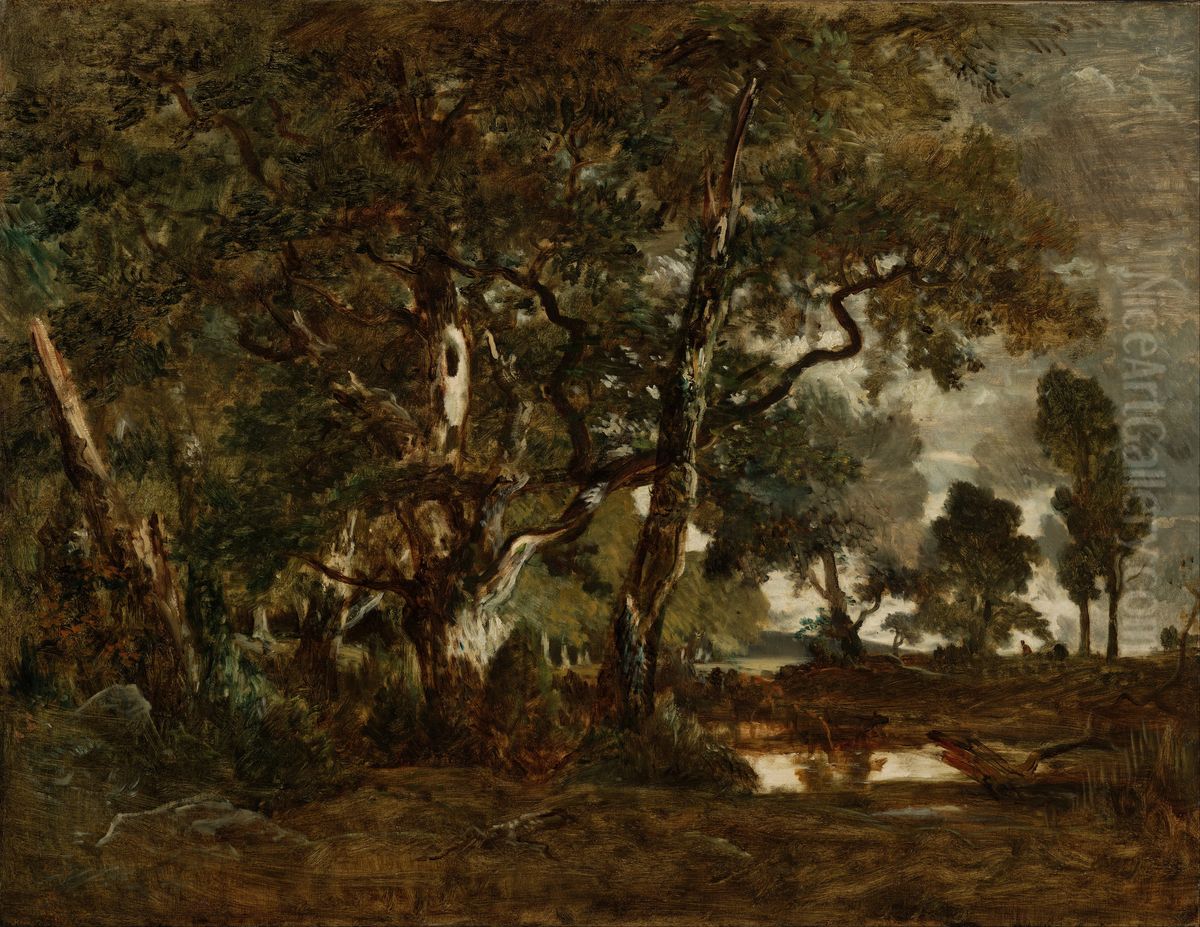 Forest of Fontainebleau, Cluster of Tall Trees Overlooking the Plain of Clair-Bois at the Edge of Bas-Breau Oil Painting by Theodore Rousseau