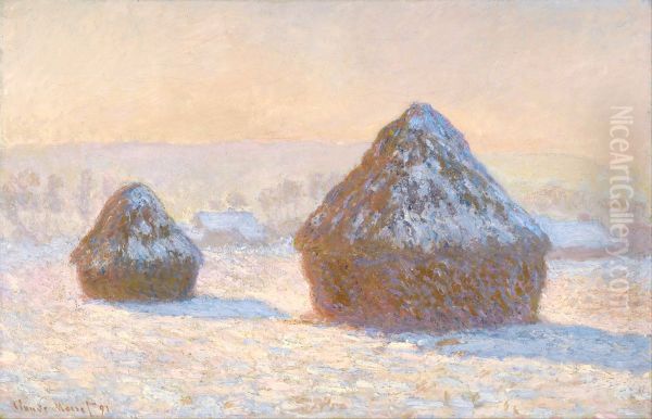 Wheatstacks, Snow Effect, Morning Oil Painting by Claude Monet