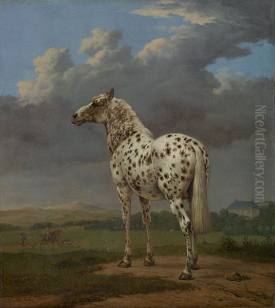 Bontgevlekte hengst in een heuvellandschap Oil Painting by Paulus Potter