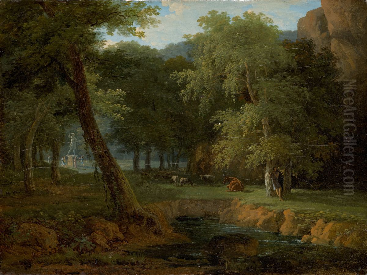 Woodland Scene with Nymphs and a Herm Oil Painting by Jean-Victor Bertin