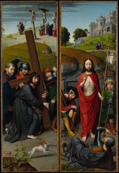 Christ Carrying the Cross, with the Crucifixion; The Resurrection, with the Pilgrims of Emmaus Oil Painting by Gerard David