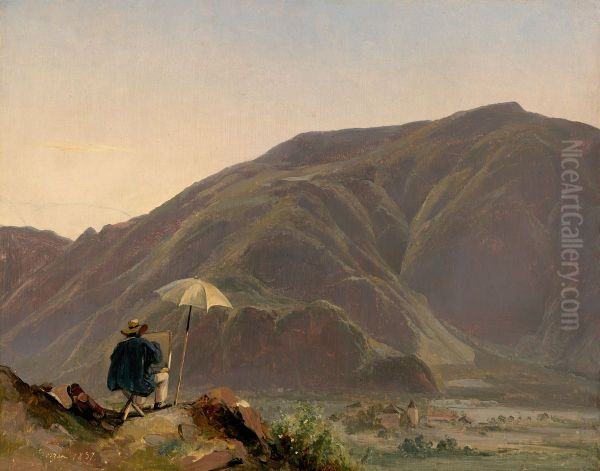 View of Bozen with a Painter Oil Painting by Jules Louis Phillipe Coignet