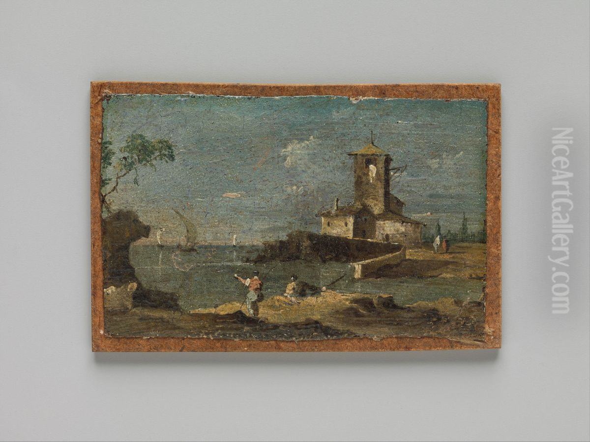 Capriccio with a Square Tower and Two Houses Oil Painting by Francesco Guardi