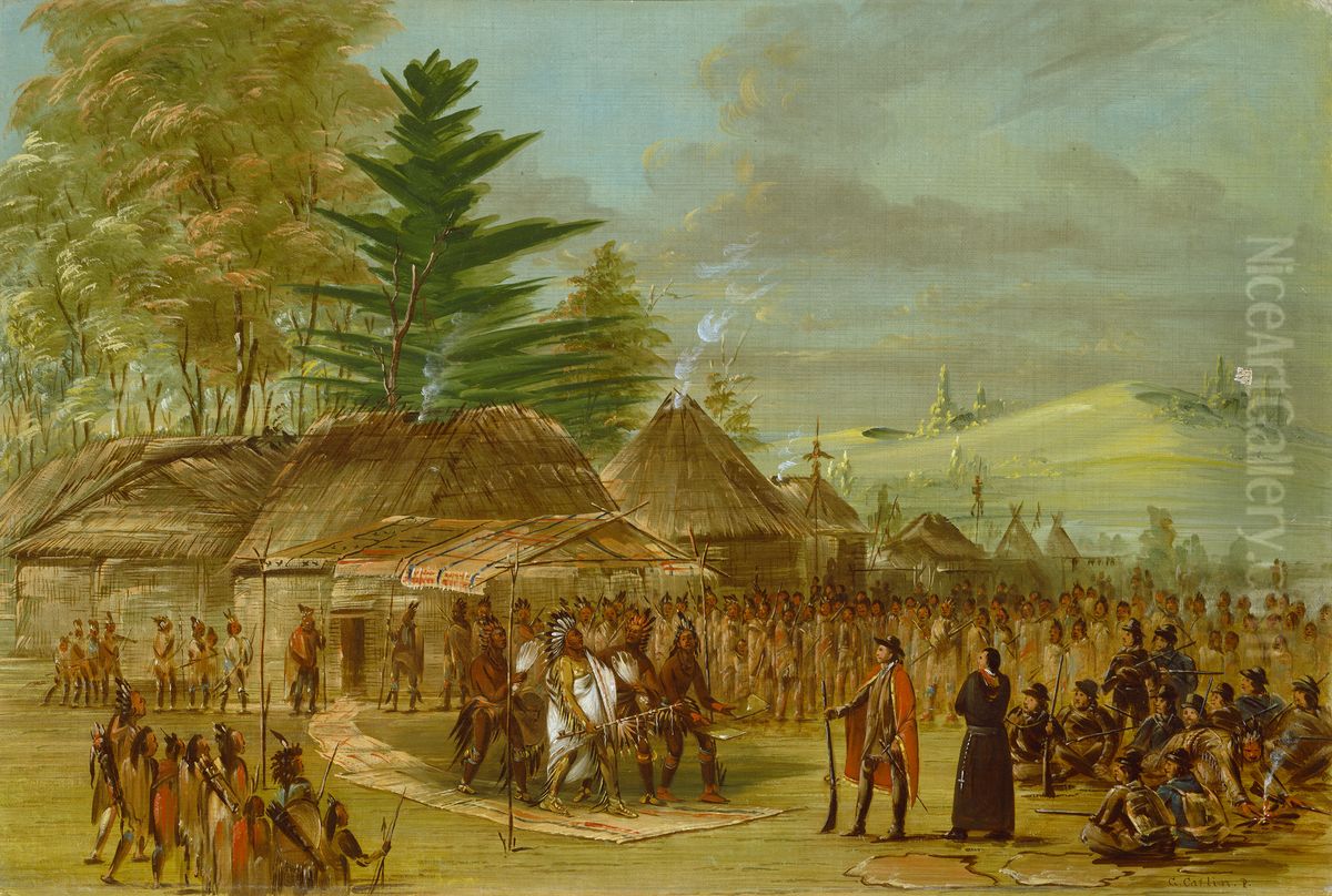 Chief of the Taensa Indians Receiving La Salle. March 20, 1682 Oil Painting by George Catlin