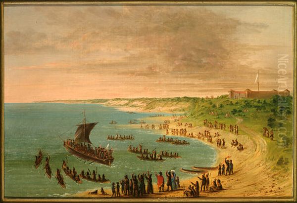 the expedition leaving fort frontenac on lake ontario Oil Painting by George Catlin