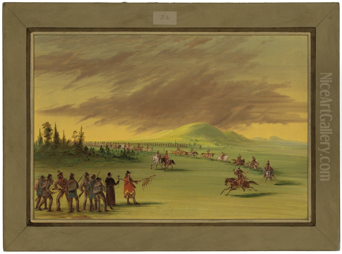 La Salle Meets a War Party of Cenis Indians on a Texas Prairie. C16091 Oil Painting by George Catlin La Salle Meets a War Party of Cenis Indians on a Texas Prairie. C16091 Oil Painting by George Catlin