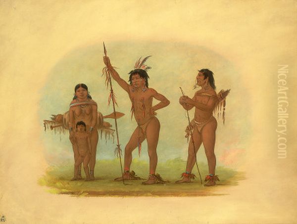 Four Mura Indians Oil Painting by George Catlin