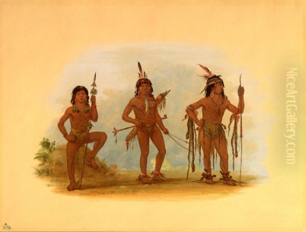 Lengua Medicine Man with Two Warriors Oil Painting by George Catlin