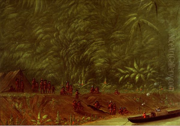 A Mura Encampment - Boat Sketch Oil Painting by George Catlin